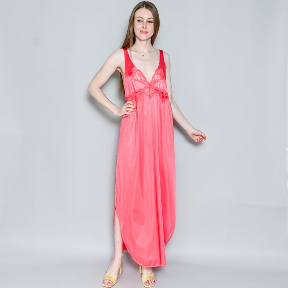 698. VINTAGE Maidenform Pink Lace Trim Maxi Gown NWT M - Picture 6 of 7